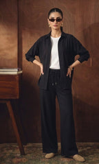 BLACK BUTTON DOWN SHIRT WITH WHITE INNER & BLACK FLAPPER TROUSER