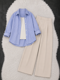 Blue Lining Button Down Shirt With White Inner & Beige Formal Pant