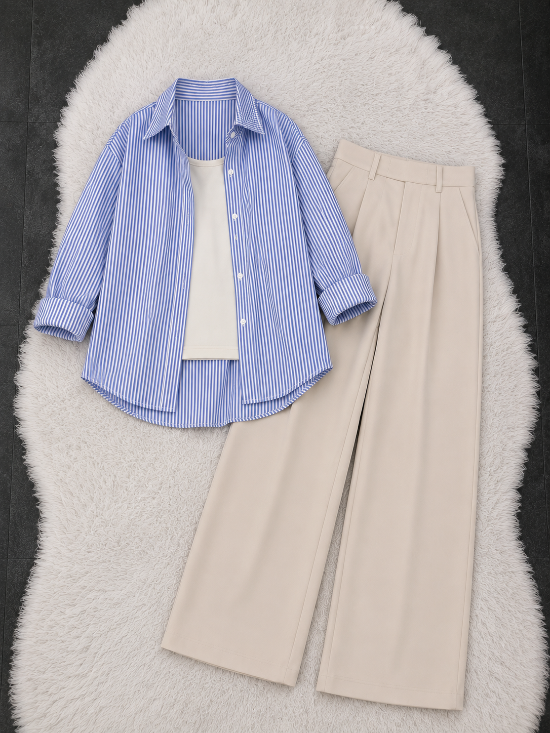 Blue Lining Button Down Shirt With White Inner & Beige Formal Pant