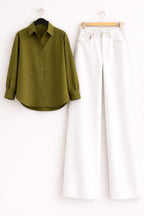 OLIVE-GREEN BUTTON DOWN SHIRT WITH WHITE WIDE LEG JEANS
