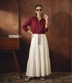 CROP MAROON BUTTON DOWN SHIRT WITH WHITE SKIRT