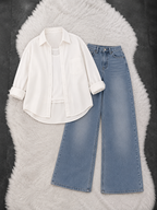 White Button Down Shirt With White Inner & Ice-Blue Wide Leg Jeans