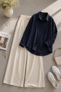 Navy-Blue Button Down Shirt & Light Beige Flapper Trouser