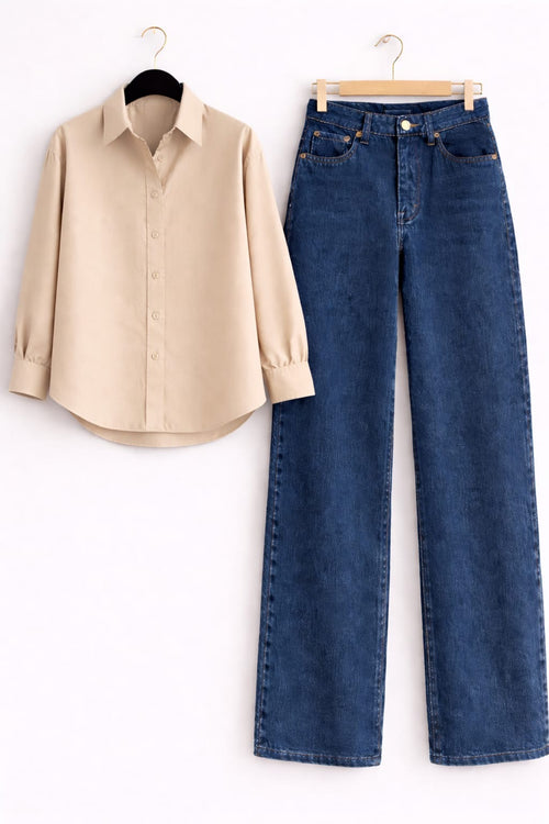 BEIGE BUTTON DOWN SHIRT & MID-BLUE WIDE LEG JEANS