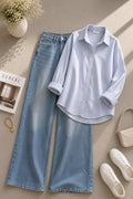 Blue Striped Button Down Shirt & Shaded Mid-Blue Wide Leg Jeans