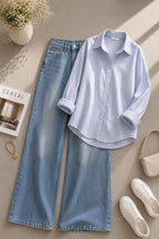 Blue Striped Button Down Shirt & Shaded Mid-Blue Wide Leg Jeans