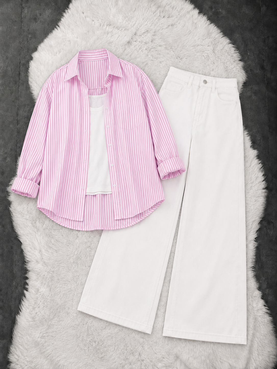 Lining Button Down Shirt With White Inner & White Wide Leg Jeans