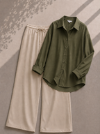 Olive Green Button Down Shirt With Beige Flapper Trouser