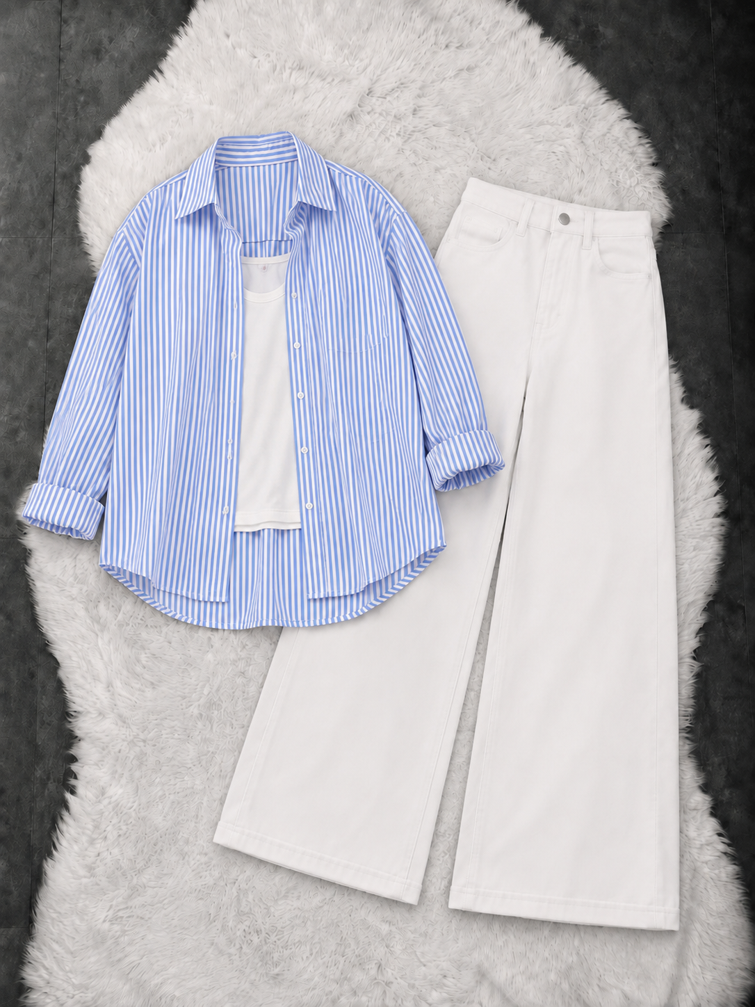 Lining Button Down Shirt With White Inner & White Wide Leg Jeans