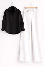 BLACK BUTTON DOWN SHIRT WITH WHITE WIDE LEG JEANS