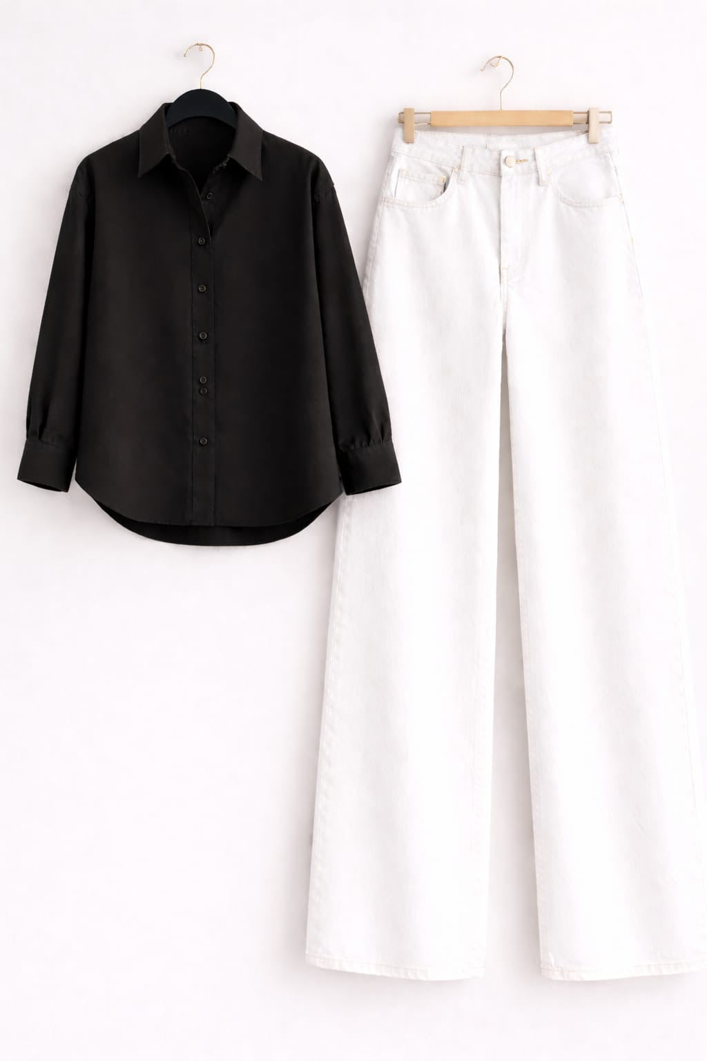 BLACK BUTTON DOWN SHIRT WITH WHITE WIDE LEG JEANS