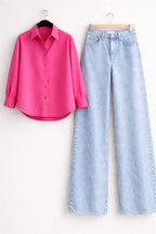 HOT PINK BUTTON DOWN WITH ICEBLUE WIDE LEG JEANS