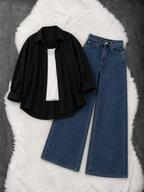 Black Button Down Shirt With White Inner & Dark Blue Wide Leg Jeans