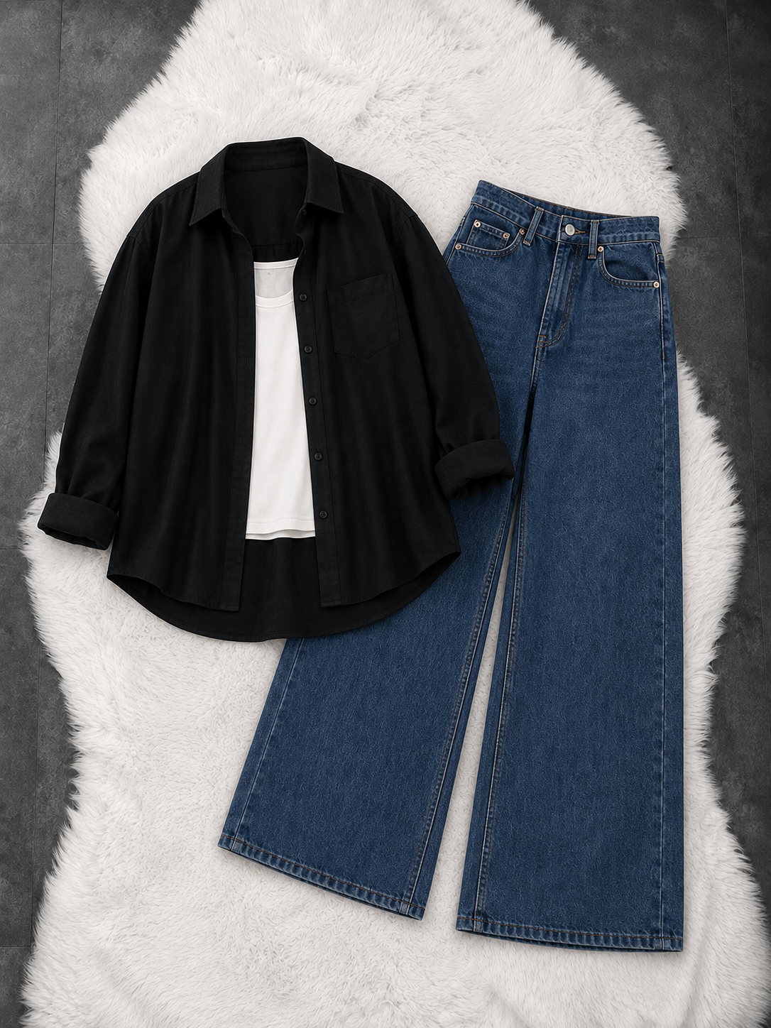 Black Button Down Shirt With White Inner & Dark Blue Wide Leg Jeans