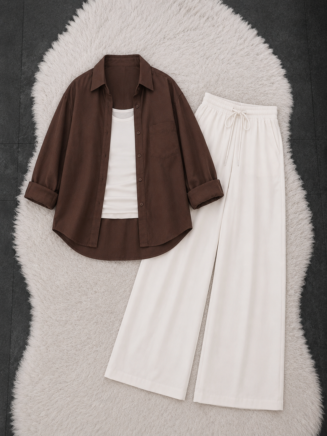 Brown Button Down Shirt With White Inner & White Flapper Trouser