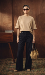 BEIGE DROP TEE SHIRT WITH JET-BLACK WIDE LEG JEANS