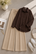 Brown Button Down Shirt & Beige Flapper Trouser