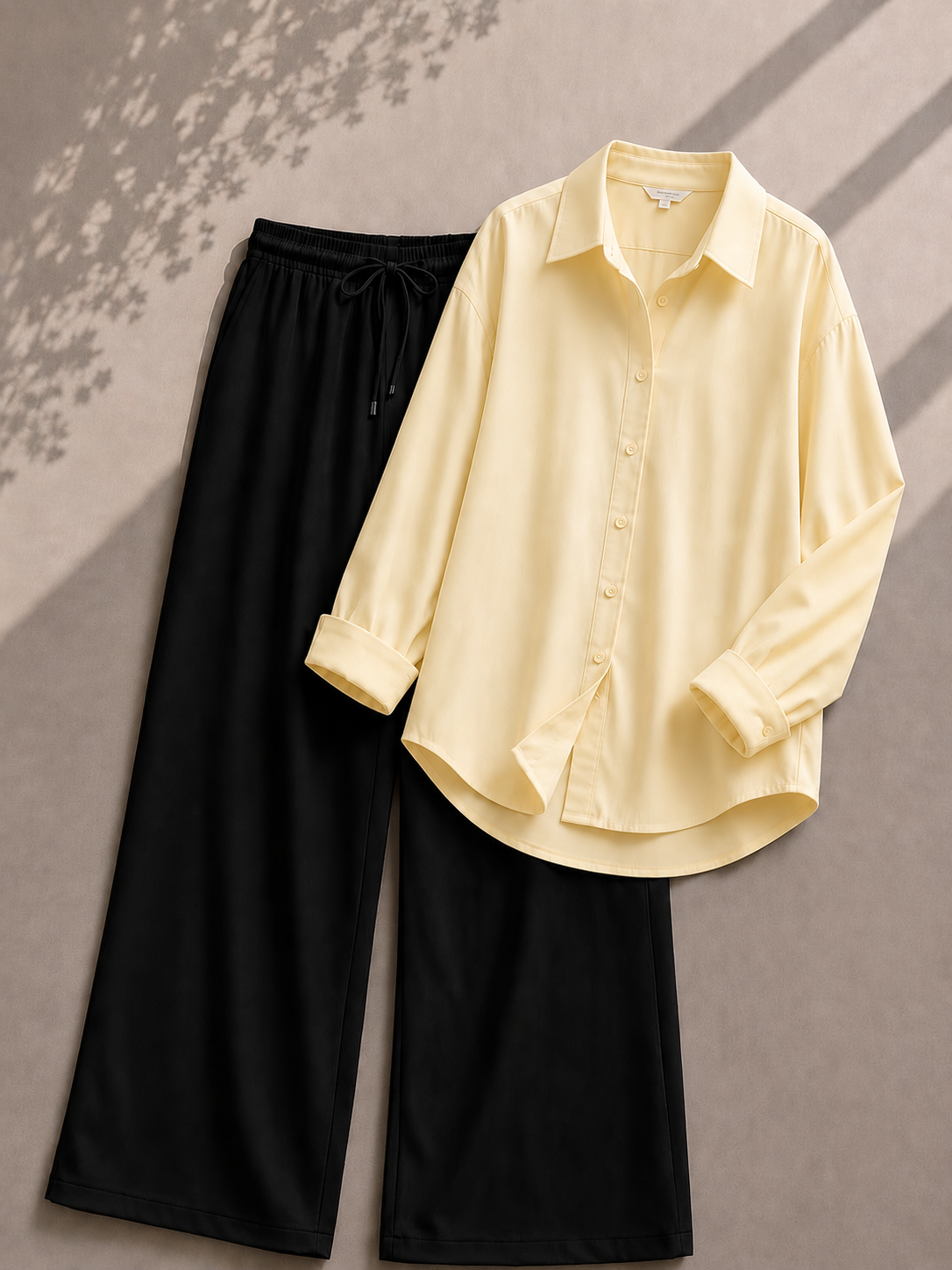 Pale Yellow Button Down Shirt With Black Flapper Trouser