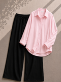 Baby Pink Button Down Shirt With Black Flapper Trouser