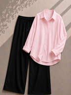 Baby Pink Button Down Shirt With Black Flapper Trouser