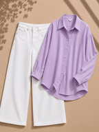 Lilac Button Down Shirt & White Wide Leg Jeans