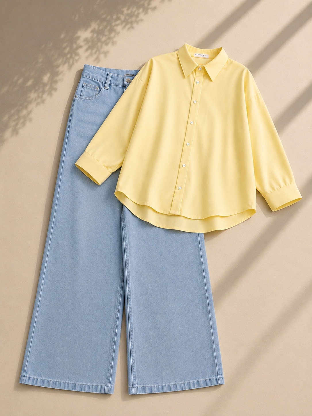 Pale Yellow Button Down Shirt & Ice Blue Wide Leg Jeans