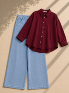 Maroon Button Down Shirt & Ice Blue Wide Leg Jeans