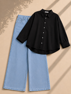 Black Button Down Shirt & Ice Blue Wide Leg Jeans