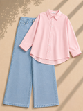 Baby Pink Button Down Shirt & Ice Blue Wide Leg Jeans