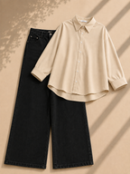 Beige Button Down Shirt & Black Wide Leg Jeans