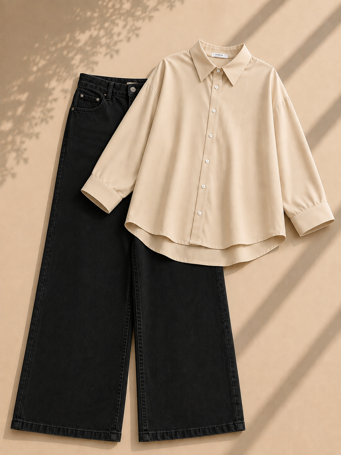 Beige Button Down Shirt & Black Wide Leg Jeans