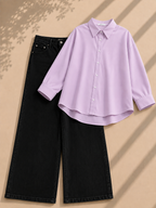 Lilac Button Down Shirt & Black Wide Leg Jeans