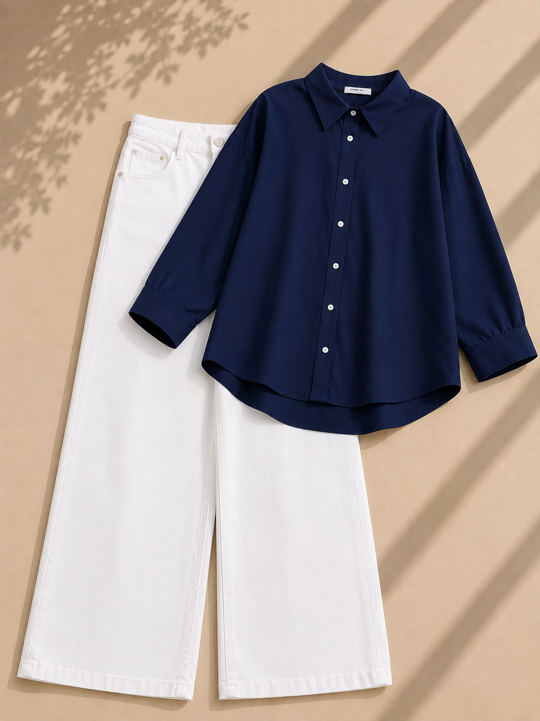 Navy Blue Button Down Shirt & White Wide Leg Jeans
