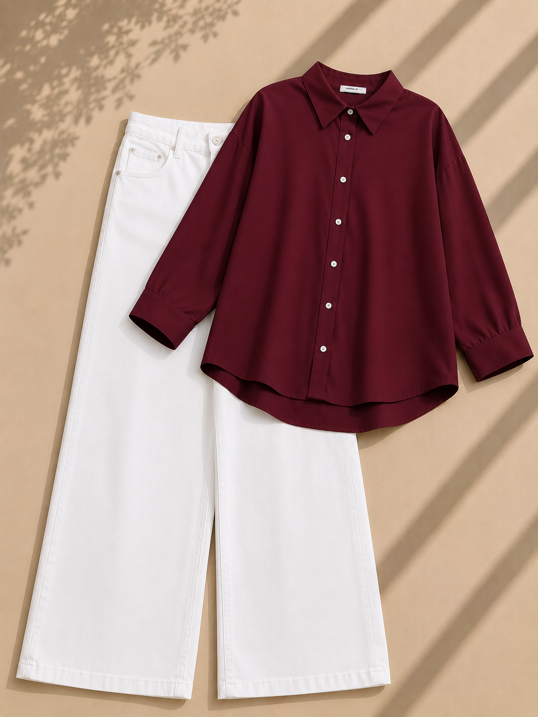 Burgundy Button Down Shirt & White Wide Leg Jeans