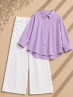Lilac Button Down Shirt & White Wide Leg Jeans