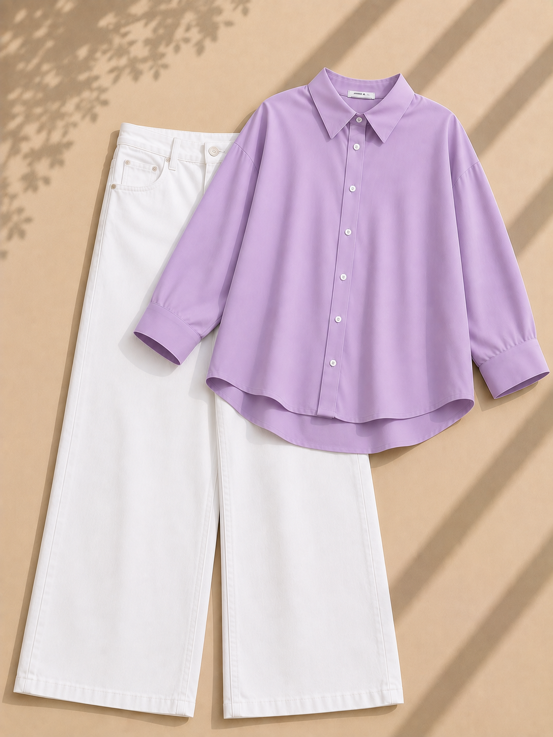 Lilac Button Down Shirt & White Wide Leg Jeans