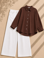 Brown Button Down Shirt & White Wide Leg Jeans