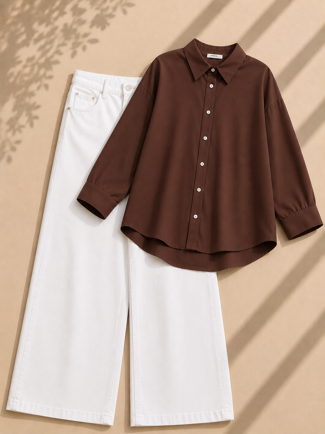 Brown Button Down Shirt & White Wide Leg Jeans