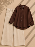 Brown Button Down Shirt & Beige Wide Leg Jeans