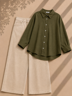 Olive Green Button Down Shirt & Beige Wide Leg Jeans