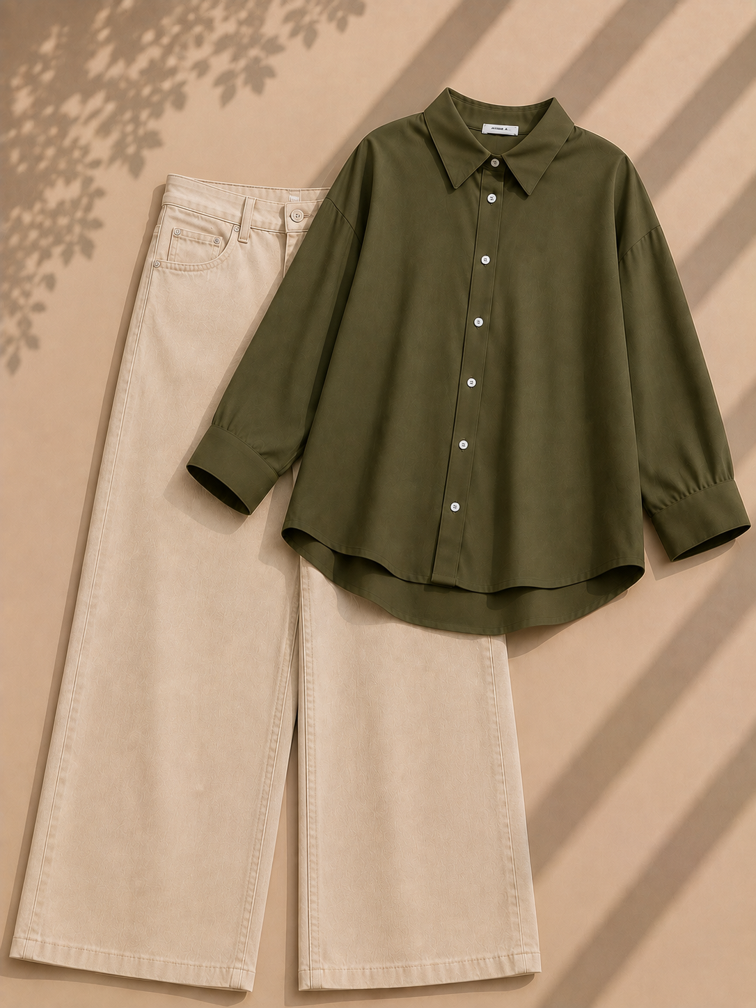 Olive Green Button Down Shirt & Beige Wide Leg Jeans