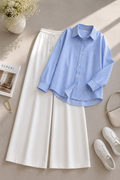 Blue Lining Button Down & White Flapper Trouser