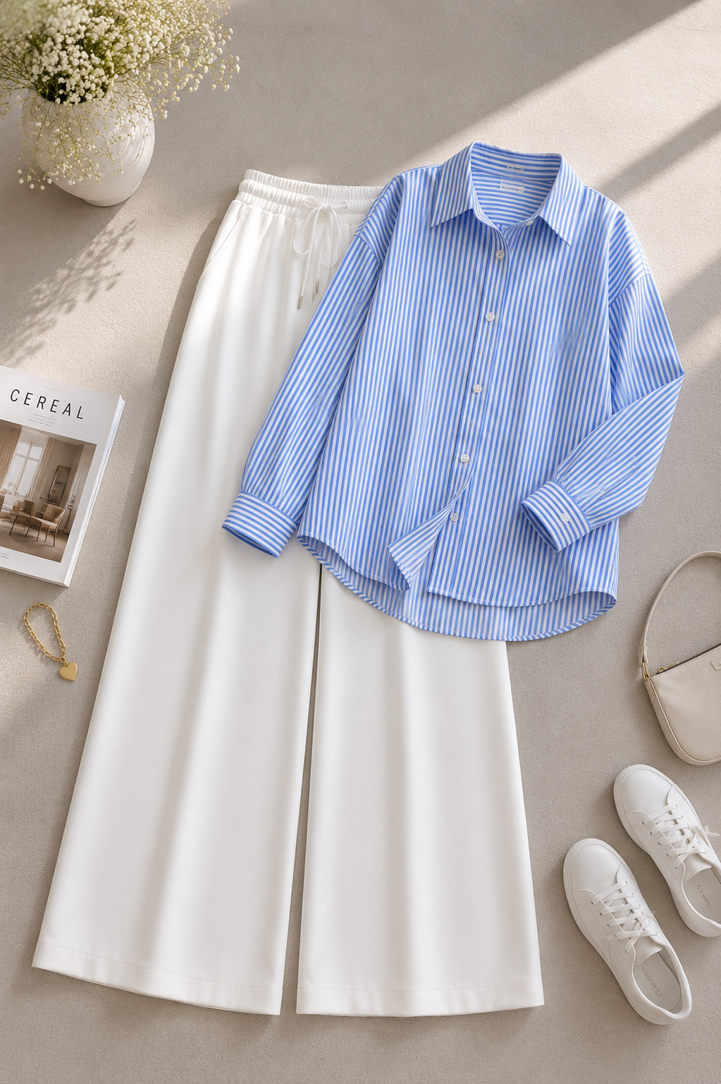 Blue Lining Button Down & White Flapper Trouser