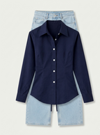 Navy Blue Fitted Button Down Shirt & Ice-Blue Wide Leg Jeans