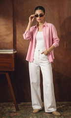 BABY PINK BUTTON DOWN SHIRT WITH INNER & WHITE WIDE LEG JEANS