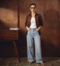 DARK BROWN BUTTON DOWN SHIRT WITH INNER & ICE-BLUE WIDE LEG JEANS