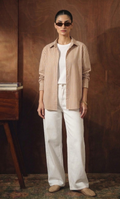 BEIGE & BROWN LINING BUTTON DOWN SHIRT WITH INNER & WHITE WIDE LEG JEANS