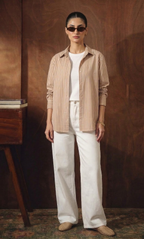 BEIGE & BROWN LINING BUTTON DOWN SHIRT WITH INNER & WHITE WIDE LEG JEANS
