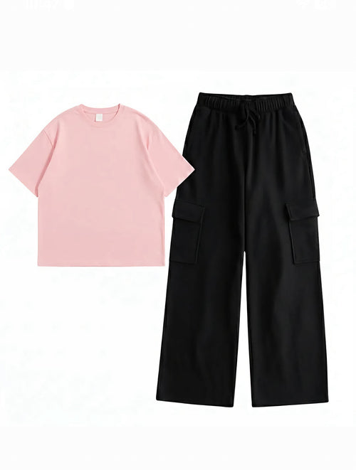 Baby Pink Drop Shoulder Tee & Black Cargo Flapper Trouser
