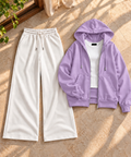 Lilac Zipper Hoodie with Inner & White Flapper Trouser